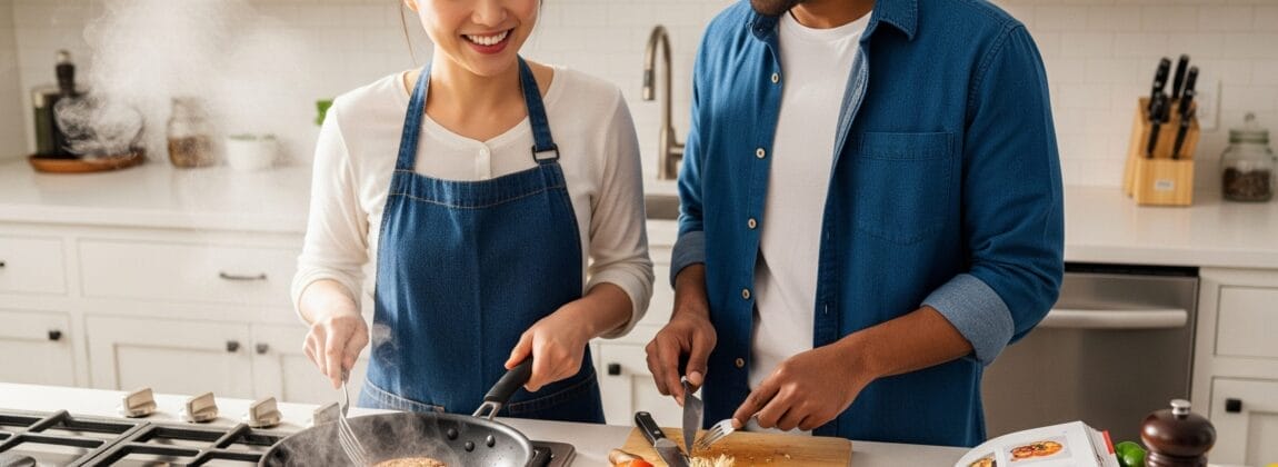キッチンで2人が一緒に料理をしています。1人がコンロでハンバーガーのパテをひっくり返し、もう1人がまな板の上でさまざまな新鮮な食材と開いた料理本の横で野菜を切っています。. キッチンで2人が一緒に料理をしています。1人がコンロでハンバーガーのパテをひっくり返し、もう1人がまな板の上でさまざまな新鮮な食材と開いた料理本の横で野菜を切っています。.