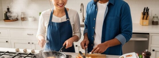 キッチンで2人が一緒に料理をしています。1人がコンロでハンバーガーのパテをひっくり返し、もう1人がまな板の上でさまざまな新鮮な食材と開いた料理本の横で野菜を切っています。.