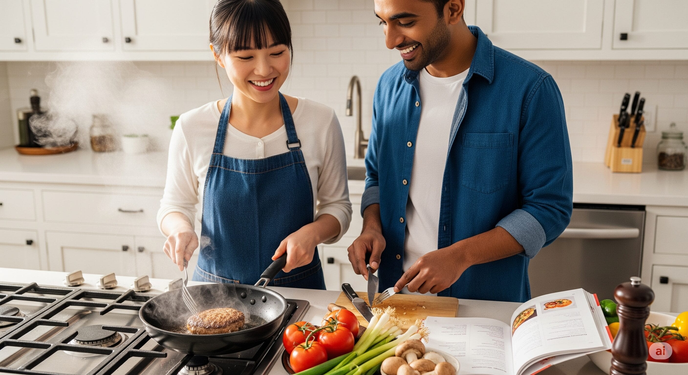 キッチンで2人が一緒に料理をしています。1人がコンロでハンバーガーのパテをひっくり返し、もう1人がまな板の上でさまざまな新鮮な食材と開いた料理本の横で野菜を切っています。.