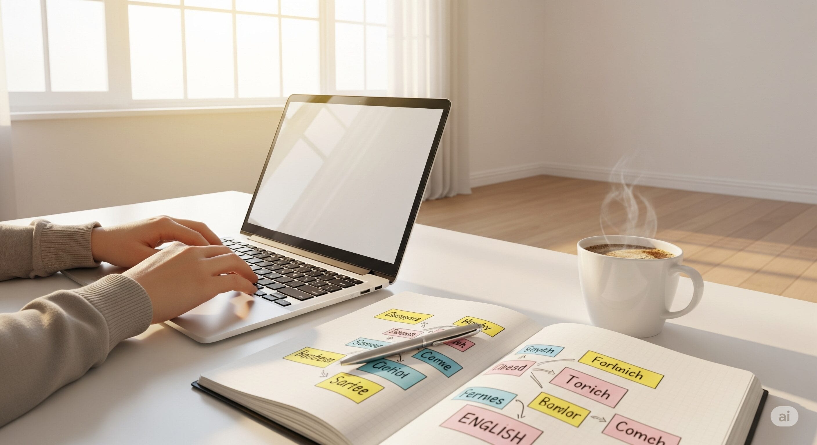 英語の語彙が書かれたノートを開いたまま、机の上でノートパソコンでタイピングしている人。近くには湯気が立つコーヒーカップがある。.
