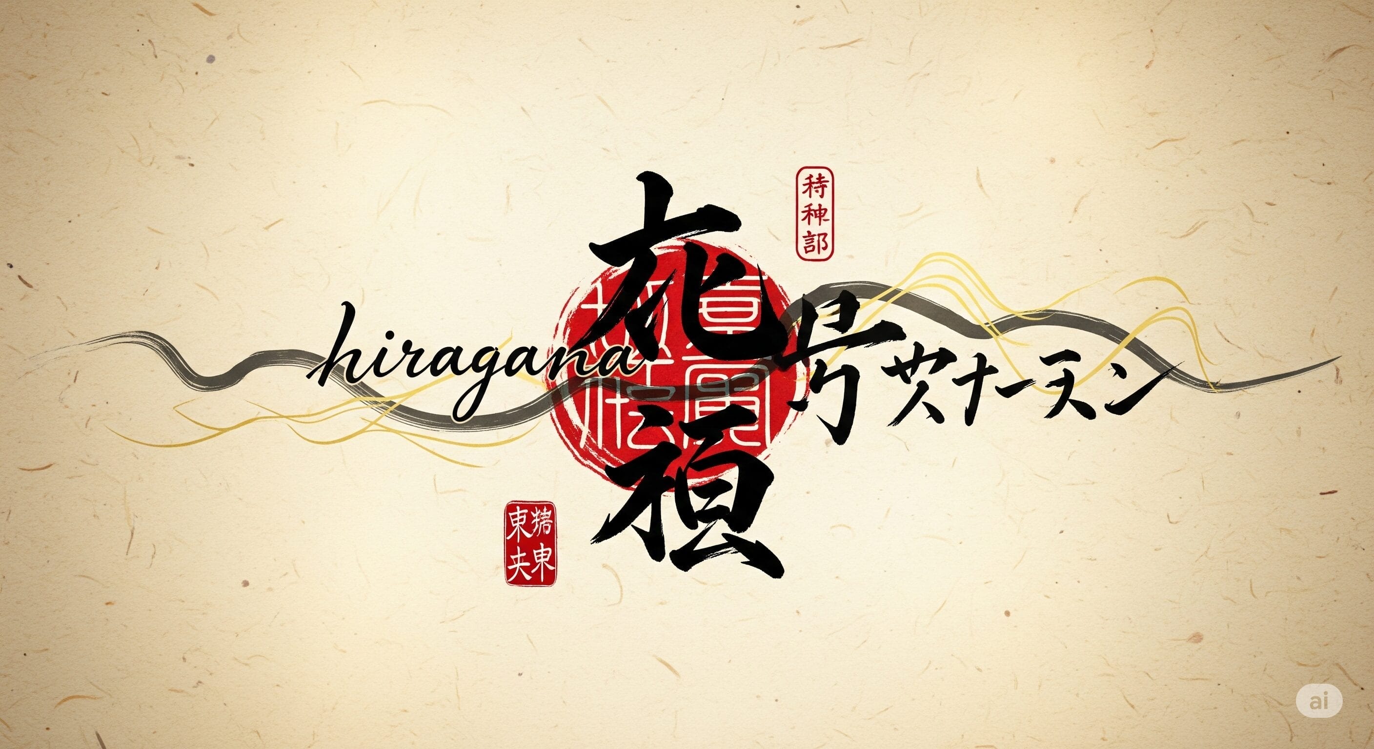 微妙な質感と渦巻き状の筆跡効果のあるベージュの背景に、様式化された日本の書道、赤いスタンプ、筆記体の「ひらがな」の文字が描かれた画像。.