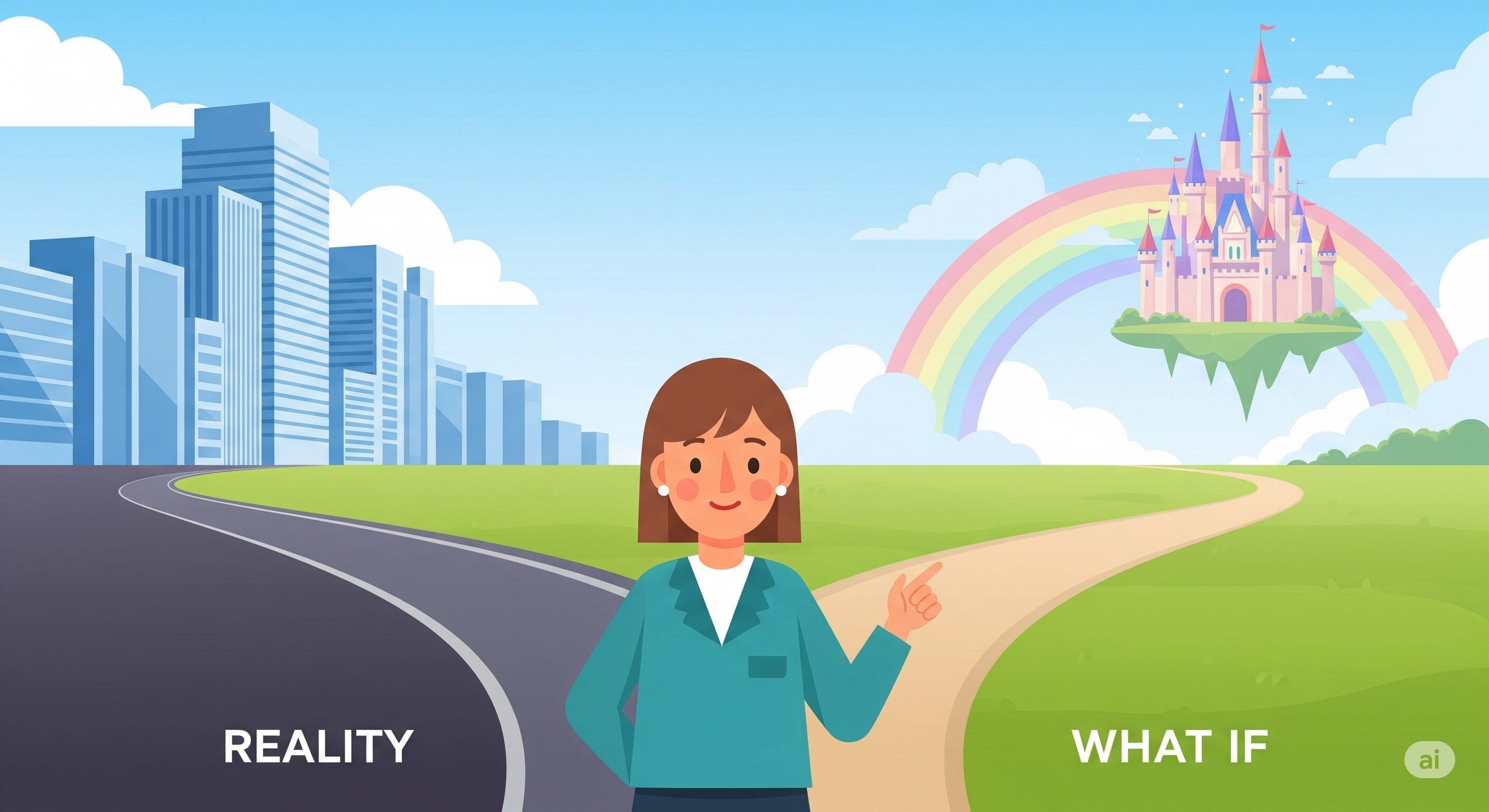 女性が道の分岐点に立っており、片側には「現実」と書かれた都市があり、もう一方には「もしも」と書かれた虹のかかった水に浮かぶ城があります。.