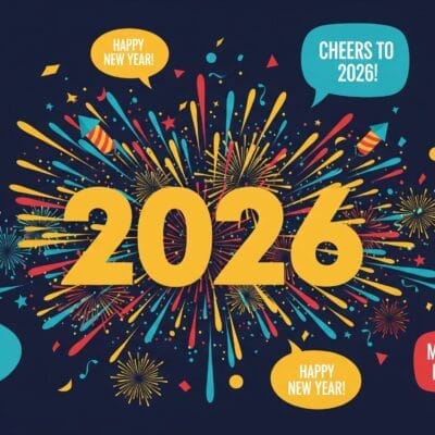 暗い背景に「2026」と書かれた大きな黄色の文字の周囲に、カラフルな花火と新年の挨拶の吹き出しが描かれています。.
