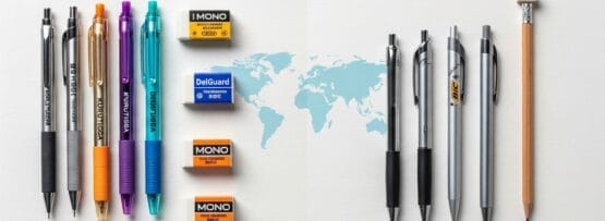 白い表面に、消しゴム 6 個が付いたペンと鉛筆 10 本が並べられ、中央に世界地図のイラストが描かれた 2 つのグループに分かれています。.