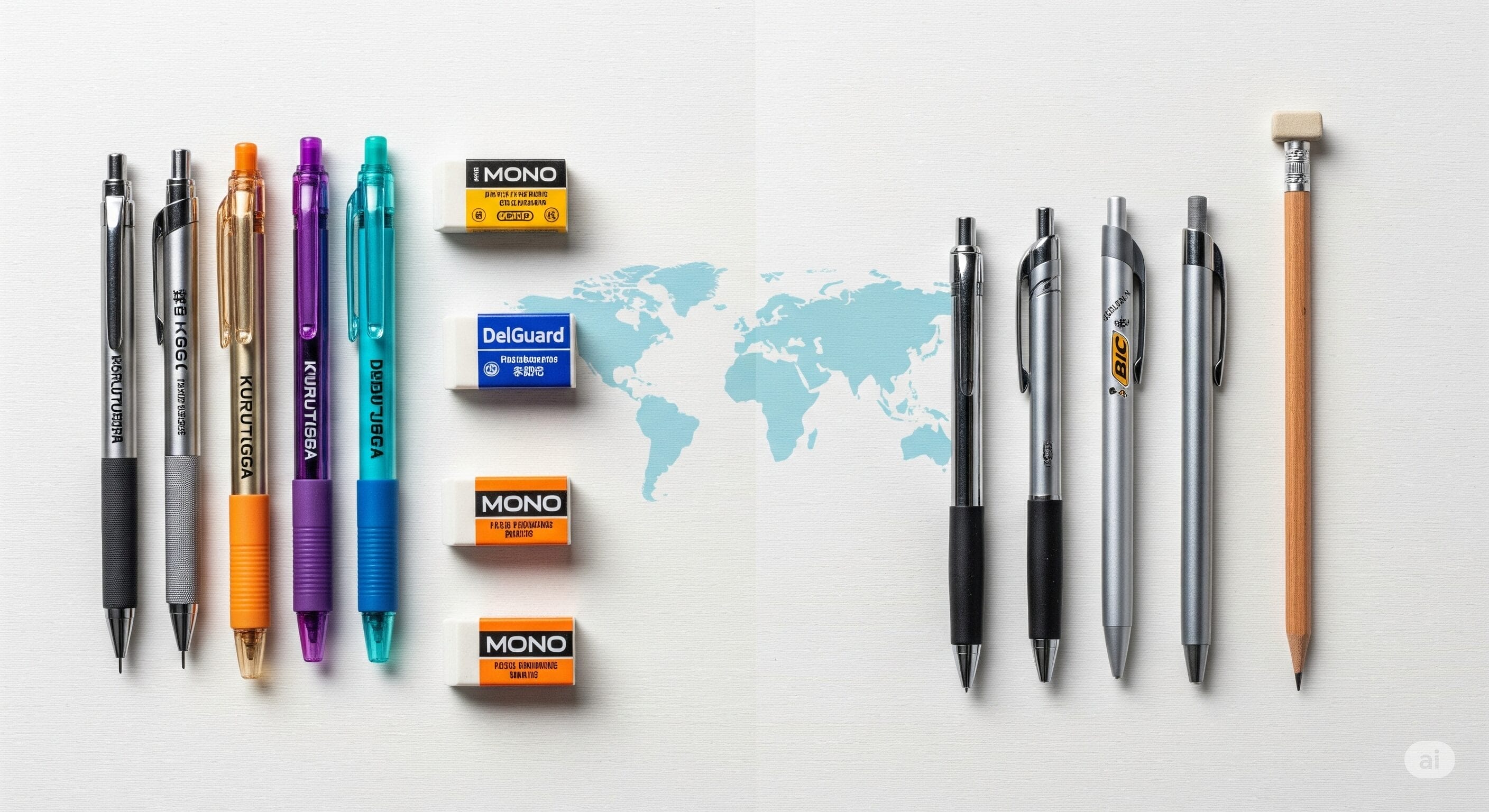 白い表面に、消しゴム 6 個が付いたペンと鉛筆 10 本が並べられ、中央に世界地図のイラストが描かれた 2 つのグループに分かれています。.