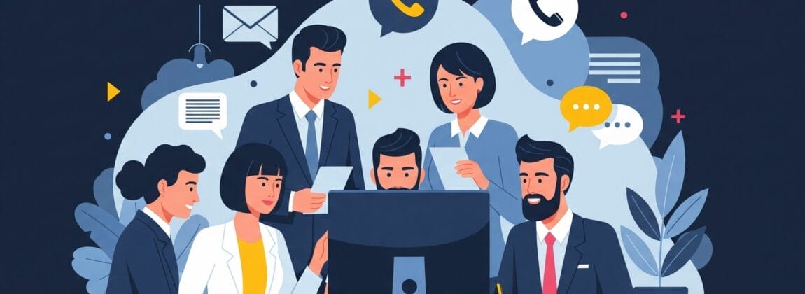 6 人の専門家がコンピューターの周りに集まり、仕事について話し合っているイラスト。背景にはコミュニケーション アイコンがあります。.