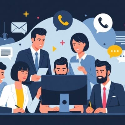 6 人の専門家がコンピューターの周りに集まり、仕事について話し合っているイラスト。背景にはコミュニケーション アイコンがあります。.