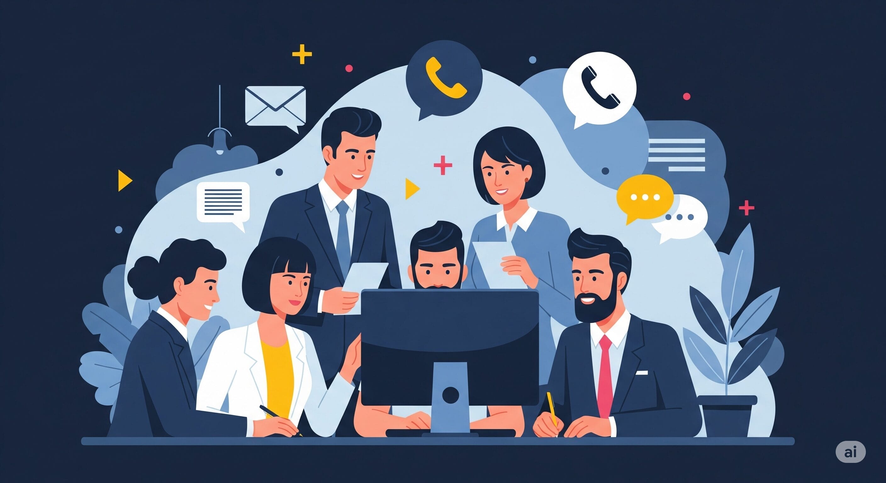 6 人の専門家がコンピューターの周りに集まり、仕事について話し合っているイラスト。背景にはコミュニケーション アイコンがあります。.