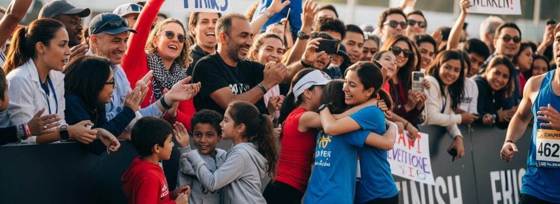 ランナーたちはゴール付近で抱擁を交わし、祝福する。. ランナーたちはゴール付近で抱擁を交わし、祝福する。.