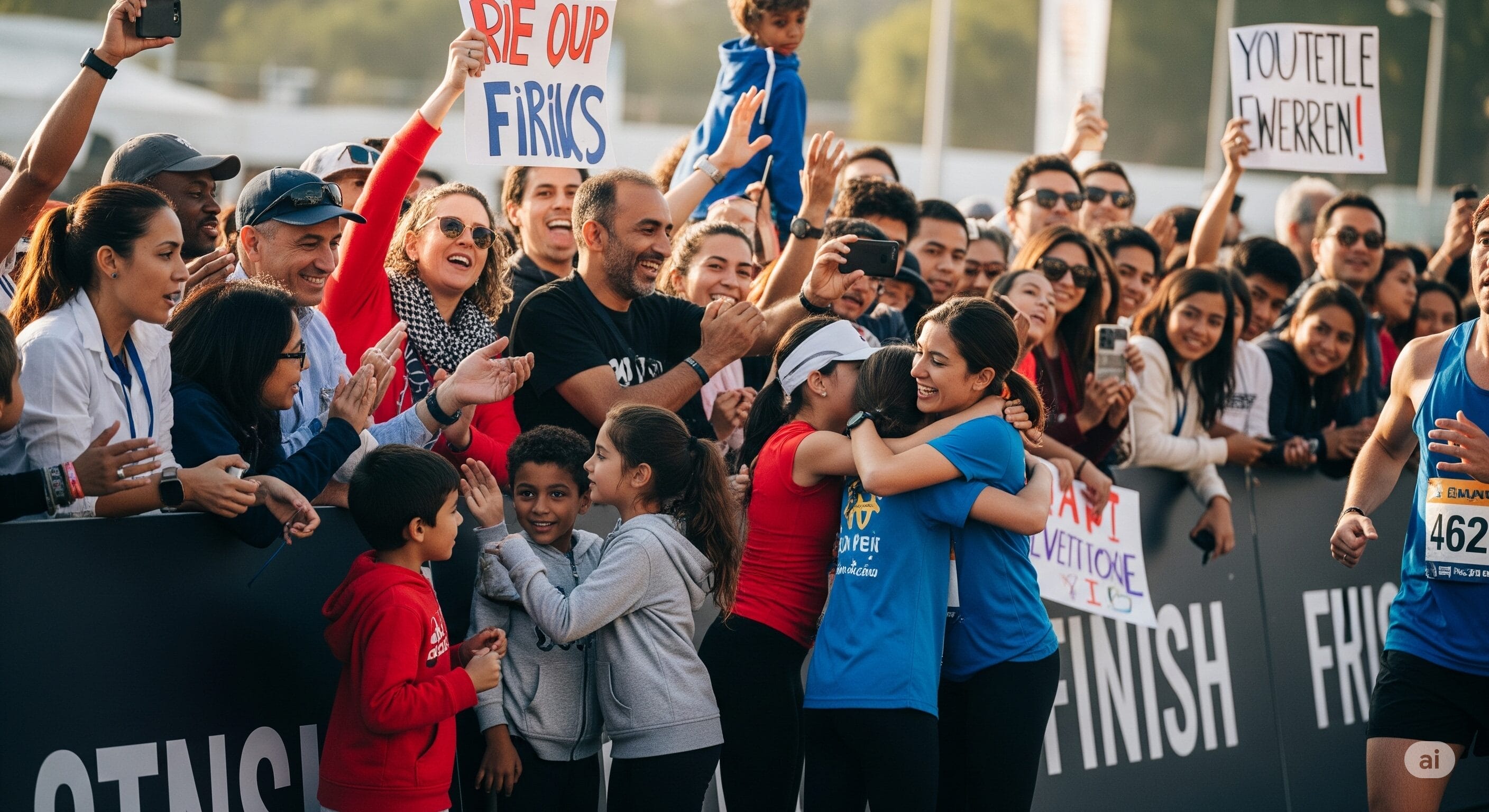 ランナーたちはゴール付近で抱擁を交わし、祝福する。.