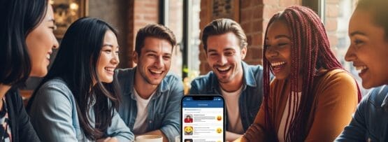 5人がカフェのテーブルに微笑みながら座り、中央にはソーシャルメディアのコメント欄が表示されたスマートフォンが縦に置かれている。.
