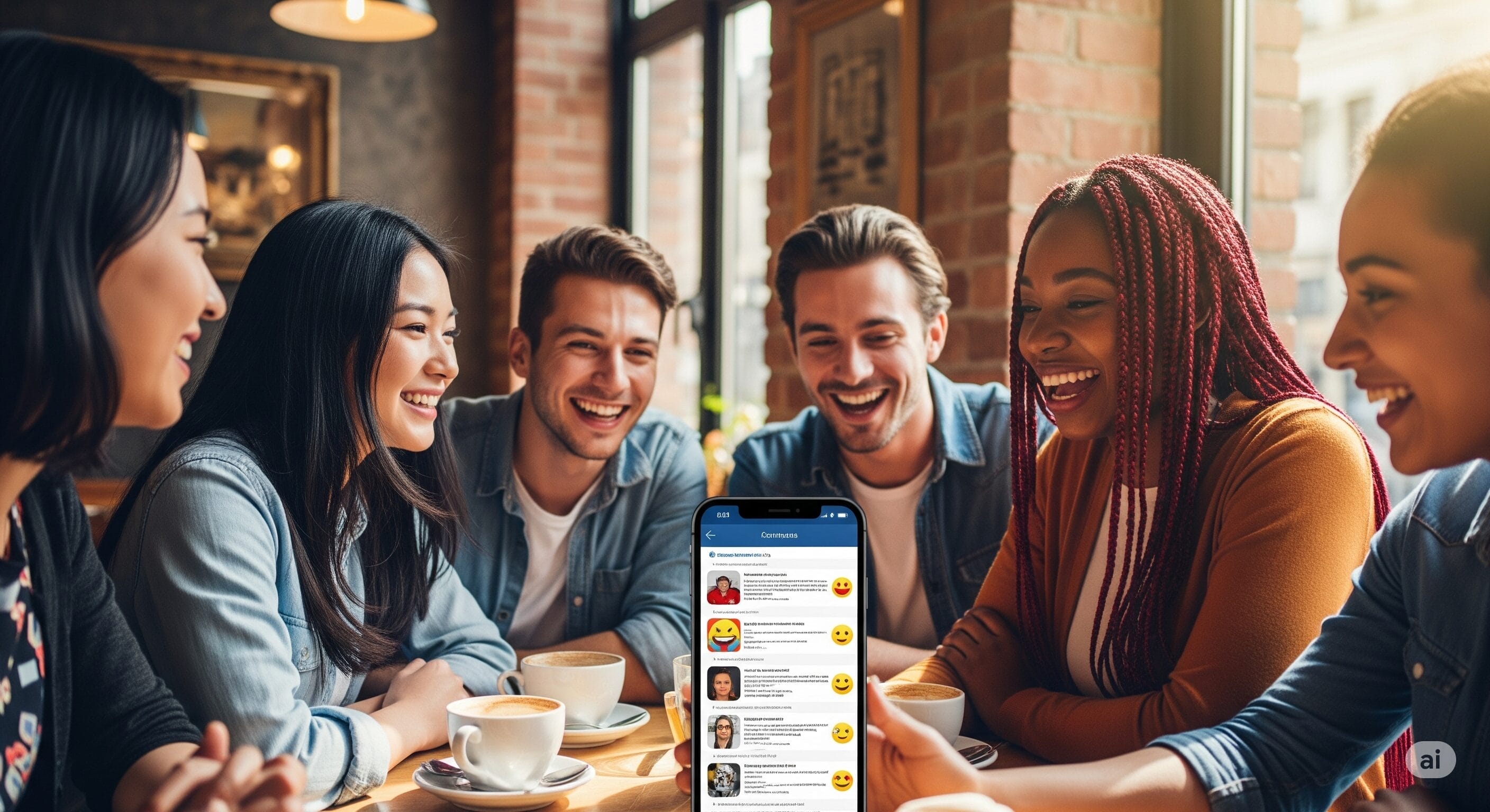 5人がカフェのテーブルに微笑みながら座り、中央にはソーシャルメディアのコメント欄が表示されたスマートフォンが縦に置かれている。.