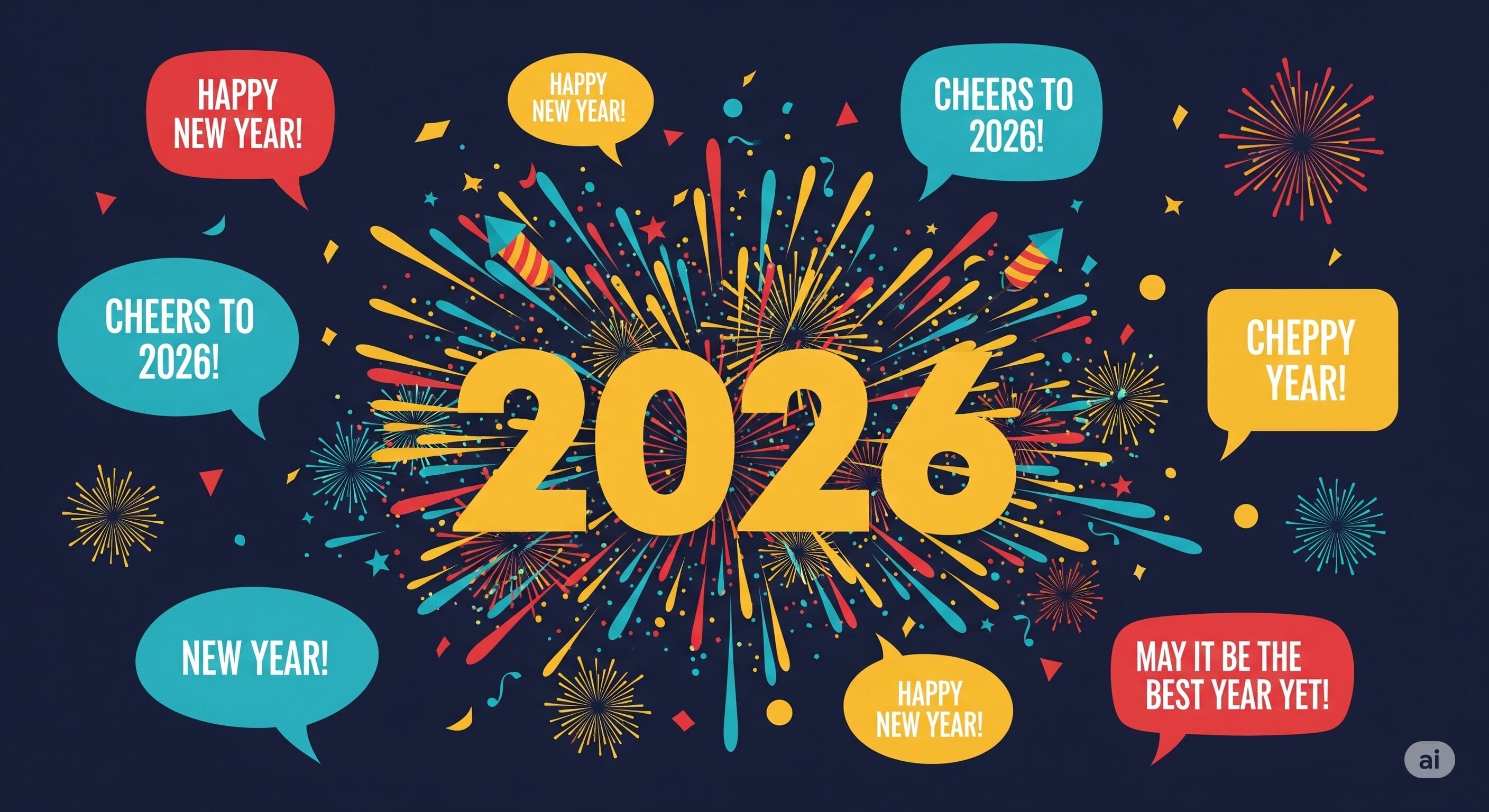 暗い背景に「2026」と書かれた大きな黄色の文字の周囲に、カラフルな花火と新年の挨拶の吹き出しが描かれています。.