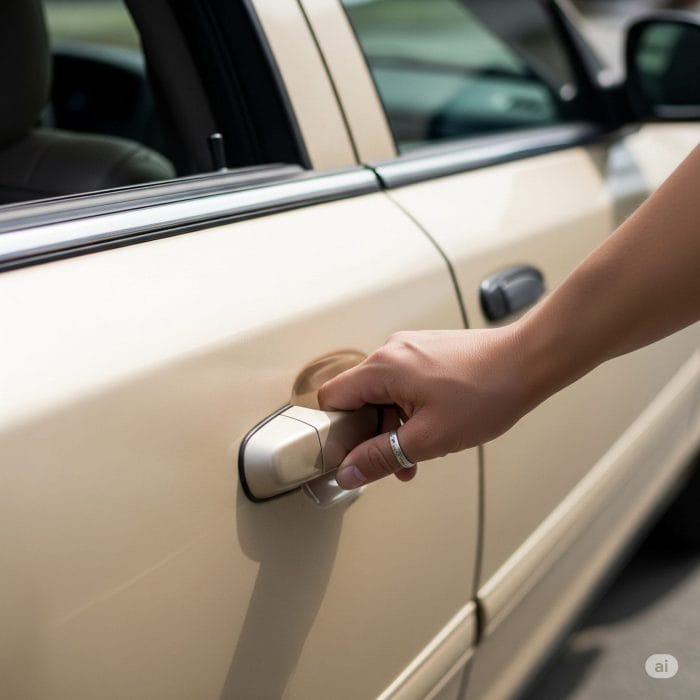 海外のタクシーのドアを手動で開けようとしている乗客の手。日本の自動ドアとの違いを強調。