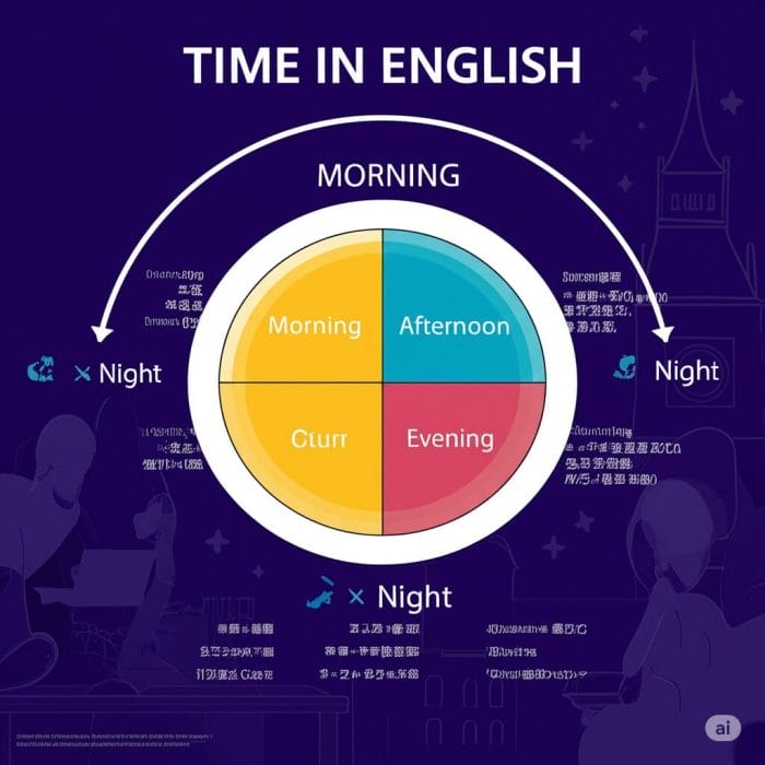 一日の時間帯(朝、昼、夕方、夜)を視覚的に表現したインフォグラフィック。それぞれの時間帯に対応するアイコンや色合いが使用されている。