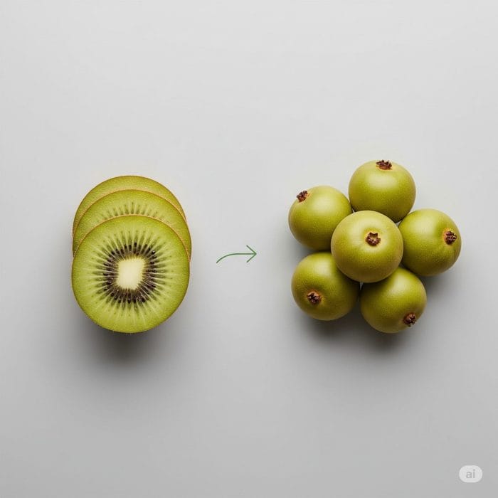 チャイニーズグースベリーの房と、スライスされたキウイフルーツが並べてあり、品種改良の歴史を示している。