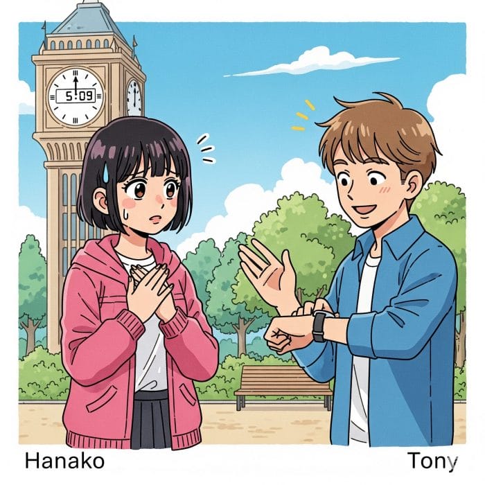 待ち合わせで女性が謝っており、男性が腕時計を見ながら優しく対応しているイラスト。