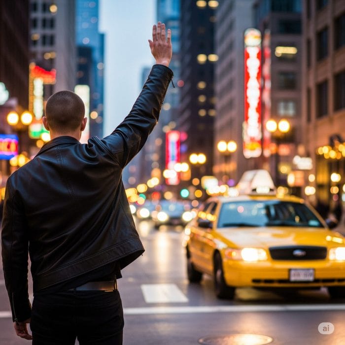 北米の都市の賑やかな通りで、手を挙げてイエローキャブを呼び止める人。