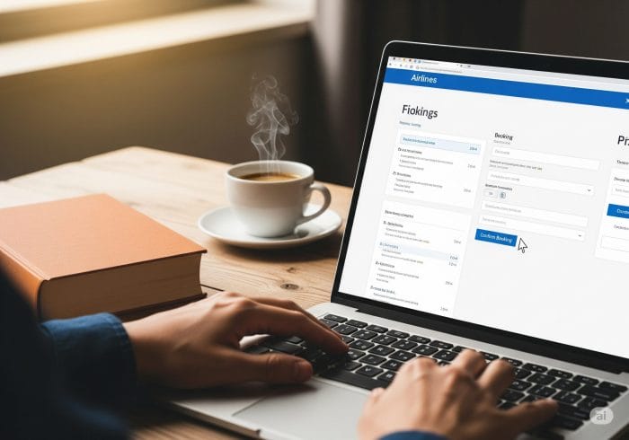 ノートパソコンで予約をしている手元と、その横に置かれた本