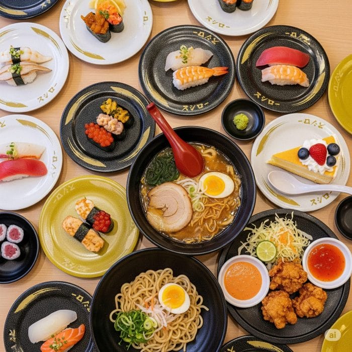 回転寿司のテーブルに並んだ寿司、ラーメン、から揚げ、ケーキ