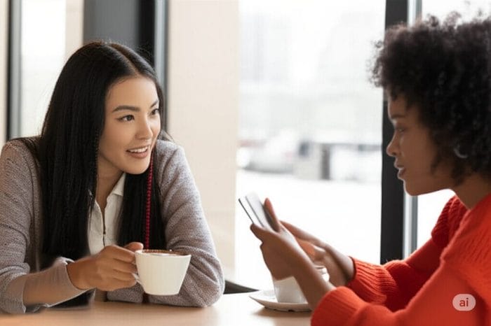 カフェでコーヒーを飲みながら会話する男女。一方は少し疲れた様子で話しており、もう一方は共感的に耳を傾けている。