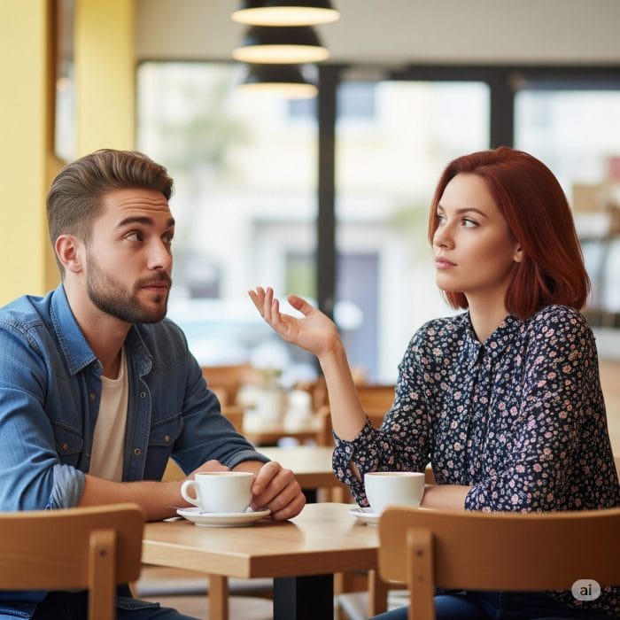 公園のベンチで会話する二人の友人。一人は質問するような表情、もう一人は何かを考えながら答えている様子。
