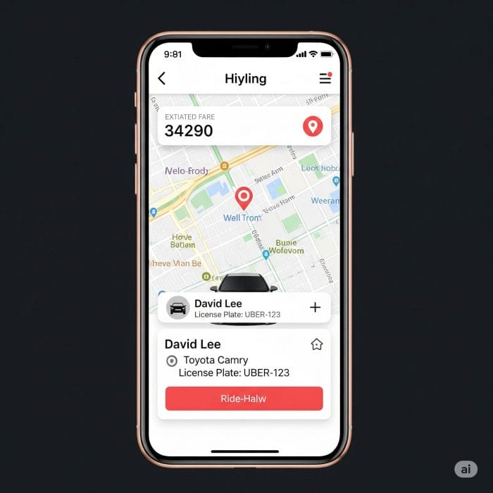 スマートフォンに表示された配車アプリの画面。地図上にドライバーの位置、推定運賃、車両情報が表示されており、ユーザーが指で画面を操作している。