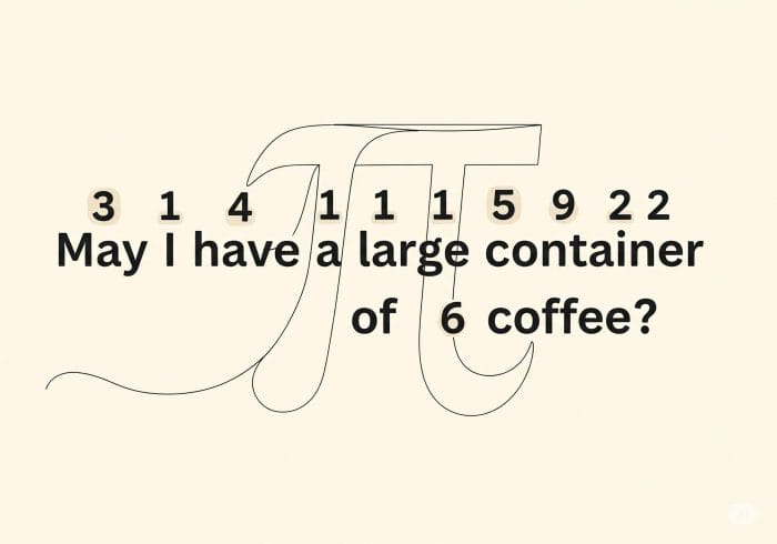 「May I have a large container of coffee?」という文の上に文字数が表示され円周率の記号に繋がっているイラスト