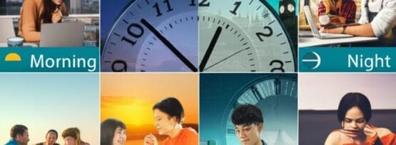 朝、昼、夕方、夜という異なる時間帯と、それに対応する時計、そしてさまざまな活動をする人々のコラージュ。.