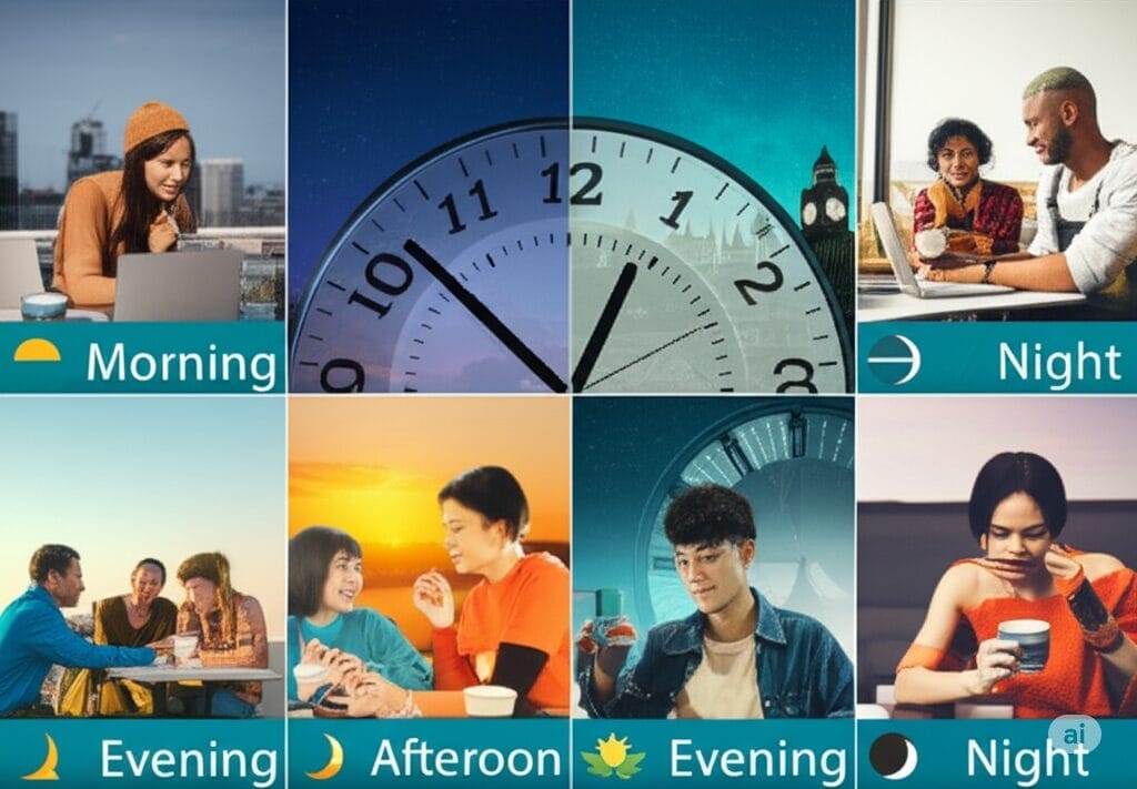 朝、昼、夕方、夜という異なる時間帯と、それに対応する時計、そしてさまざまな活動をする人々のコラージュ。.