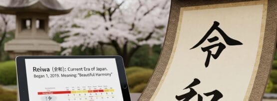 桜と石灯籠を背景にした屋外で、日本の礼法に関する情報を表示する石版の横に置かれた漢字の掛け軸。.