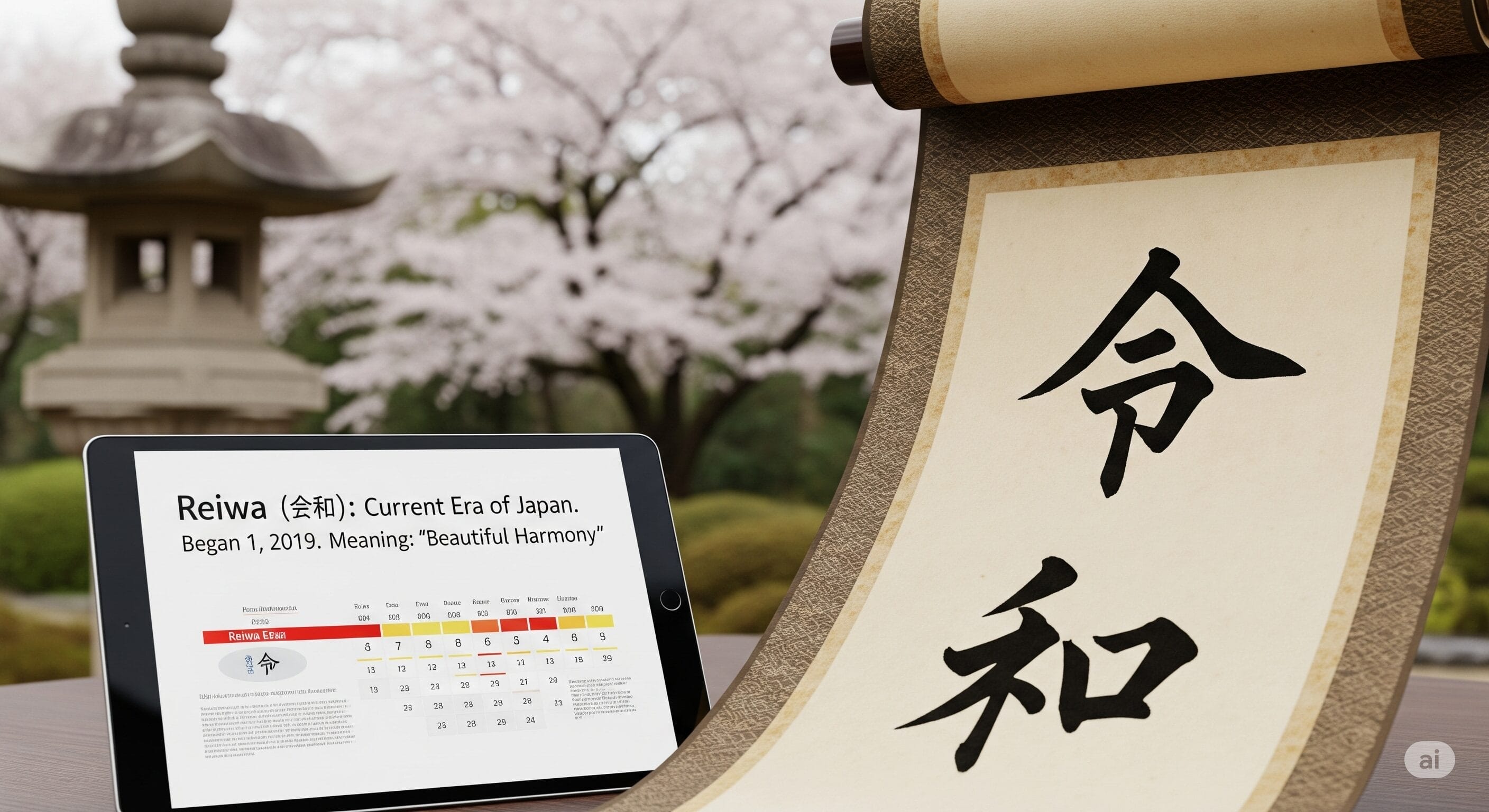 桜と石灯籠を背景にした屋外で、日本の礼法に関する情報を表示する石版の横に置かれた漢字の掛け軸。.