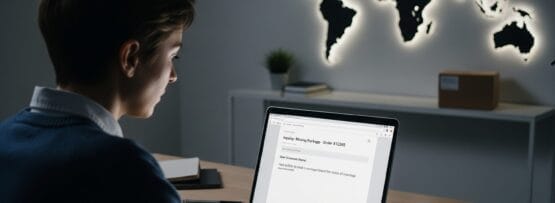 ノートパソコンを使ってデスクに座り、注文確認メールを読んでいる人物の背後の壁には、世界地図の装飾がライトアップされている。.