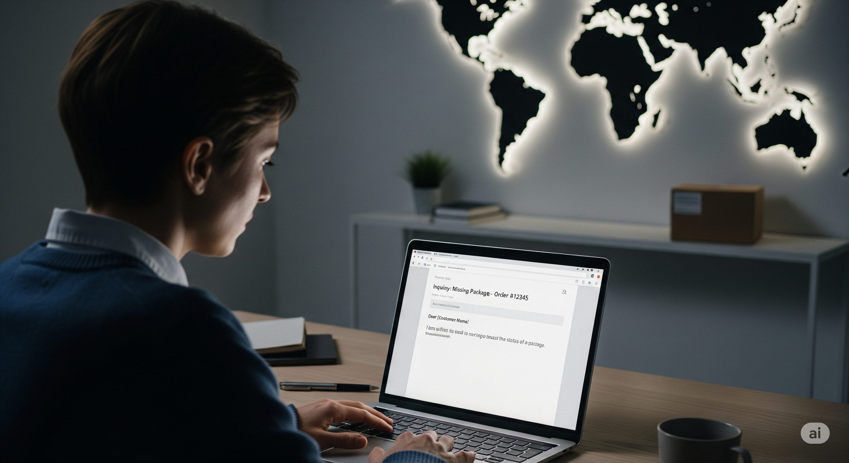 ノートパソコンを使ってデスクに座り、注文確認メールを読んでいる人物の背後の壁には、世界地図の装飾がライトアップされている。.