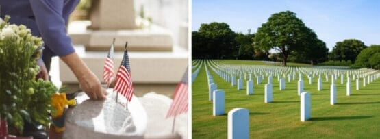 墓に小さなアメリカ国旗を立てる女性。彼女の隣には、晴れた日の墓地に並ぶ白い墓石。.