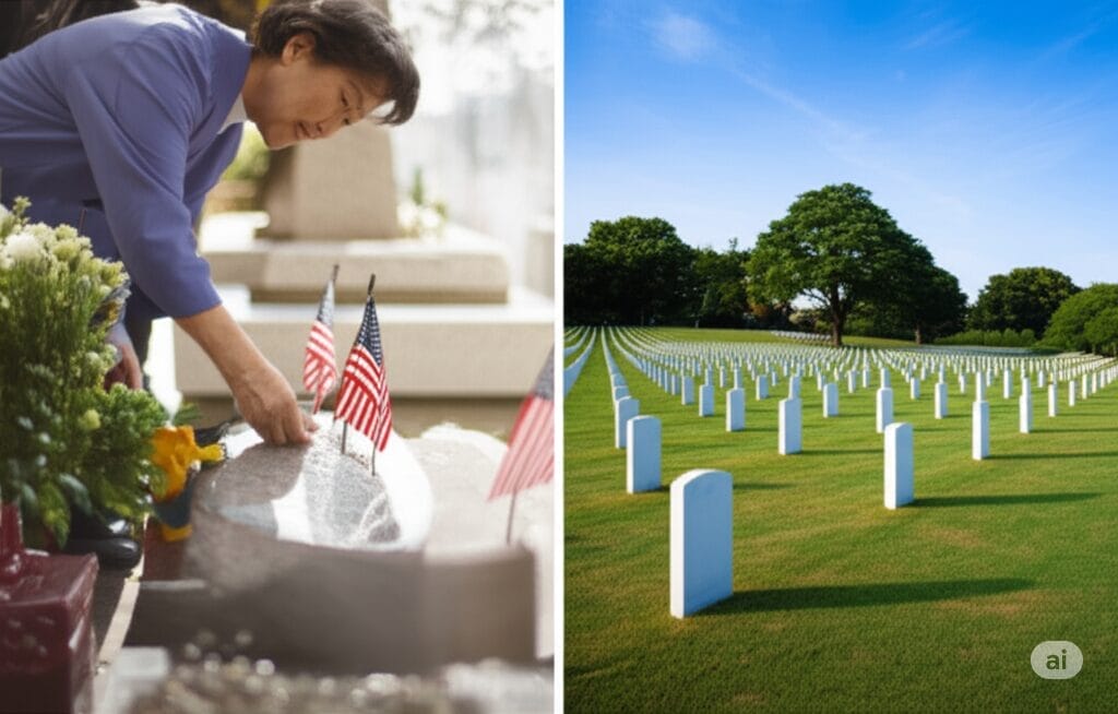 墓に小さなアメリカ国旗を立てる女性。彼女の隣には、晴れた日の墓地に並ぶ白い墓石。.