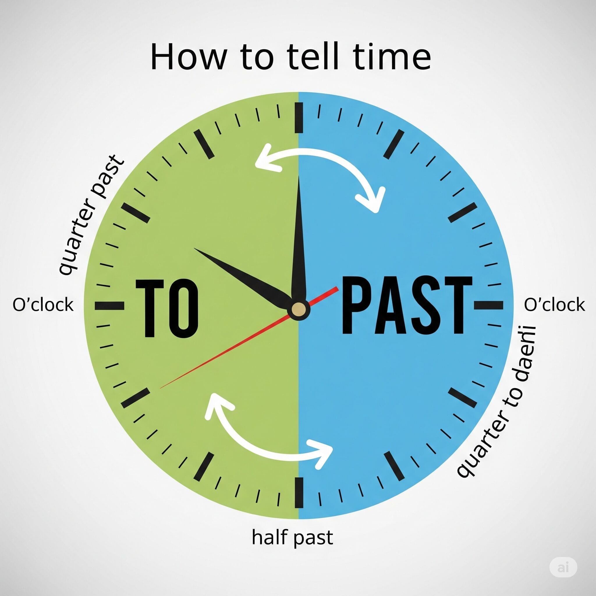 左半分に "TO"、右半分に "PAST"、矢印は "quarter past"、"half past"、"quarter to "を示す。. 左半分に "TO"、右半分に "PAST"、矢印は "quarter past"、"half past"、"quarter to "を示す。.