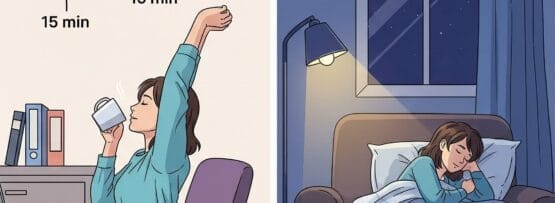 分割された画像：左側は時計とコーヒーを片手にデスクで休憩する女性、右側は夜、毛布の下のソファで休む女性。.