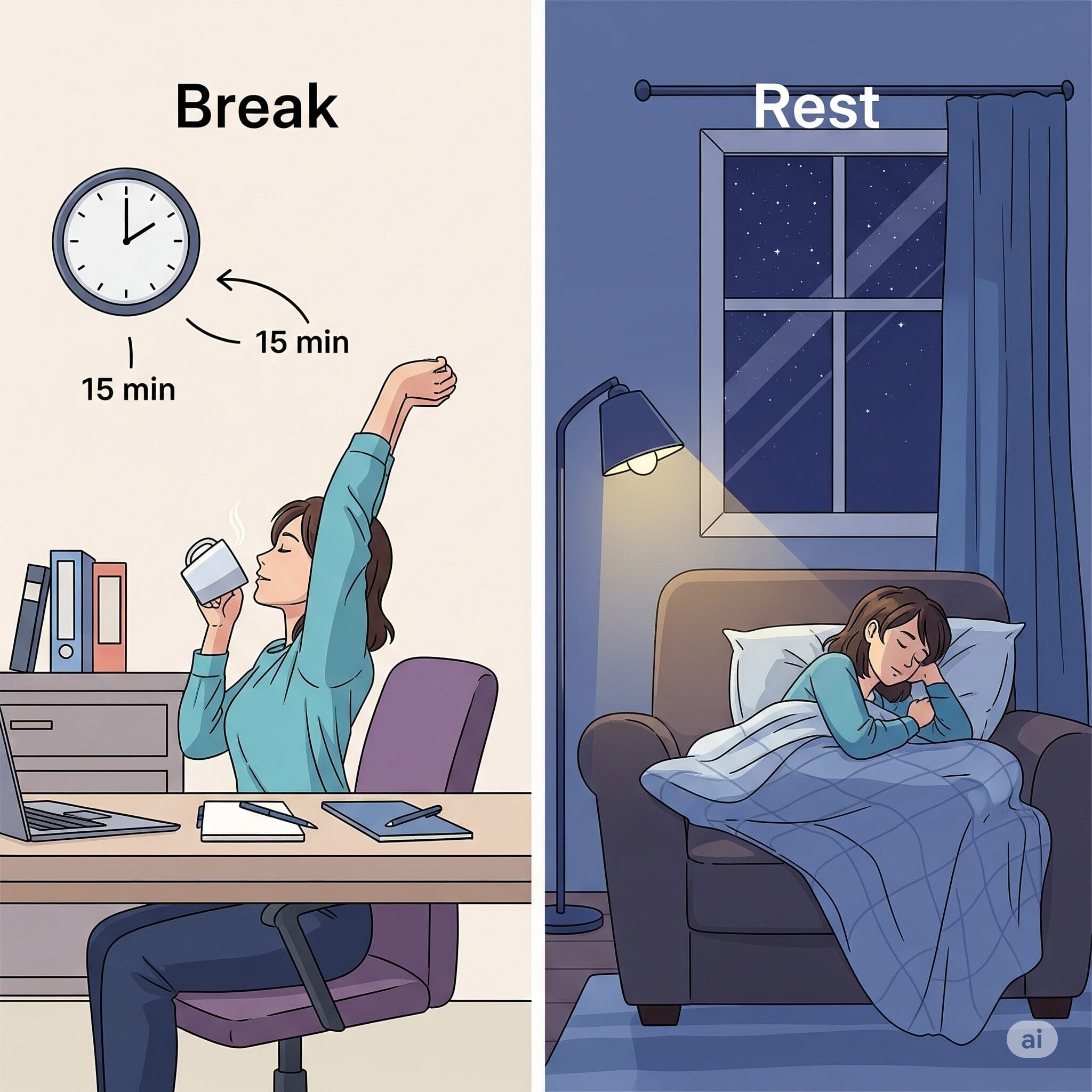 分割された画像：左側は時計とコーヒーを片手にデスクで休憩する女性、右側は夜、毛布の下のソファで休む女性。.