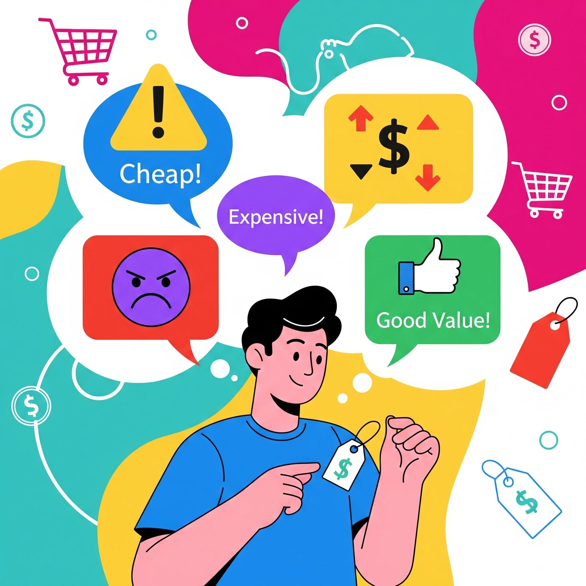 値札を見比べる人のイラスト。カラフルな背景に、安い、高い、値段が変わる、お得、買い物のアイコンのシンボルで囲まれている。.