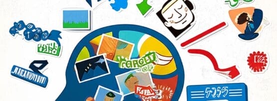 イラストで描かれた人間の頭のシルエットは、思考、アイデア、記憶を表すカラフルなイメージ、シンボル、言葉で埋め尽くされ、頭の周りや中に無秩序に配置されている。.