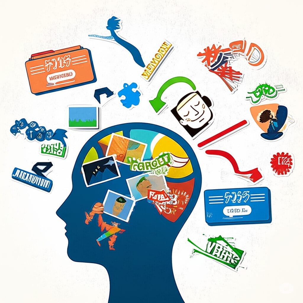 イラストで描かれた人間の頭のシルエットは、思考、アイデア、記憶を表すカラフルなイメージ、シンボル、言葉で埋め尽くされ、頭の周りや中に無秩序に配置されている。.