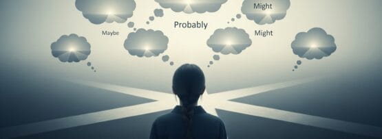 人は岐路に立ち、"Maybe"、"Probably"、"Might "といった不確実性と意思決定を表す言葉が書かれた複数の思考バブルに直面している。.