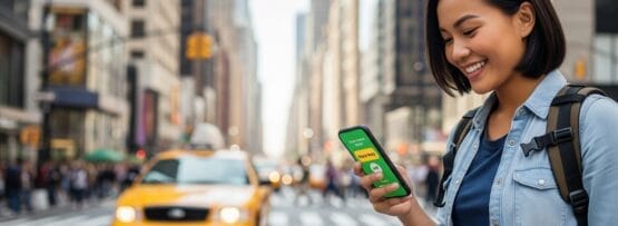 賑やかな街角でスマートフォンを見ながら微笑む女性。背景には黄色いタクシー。.