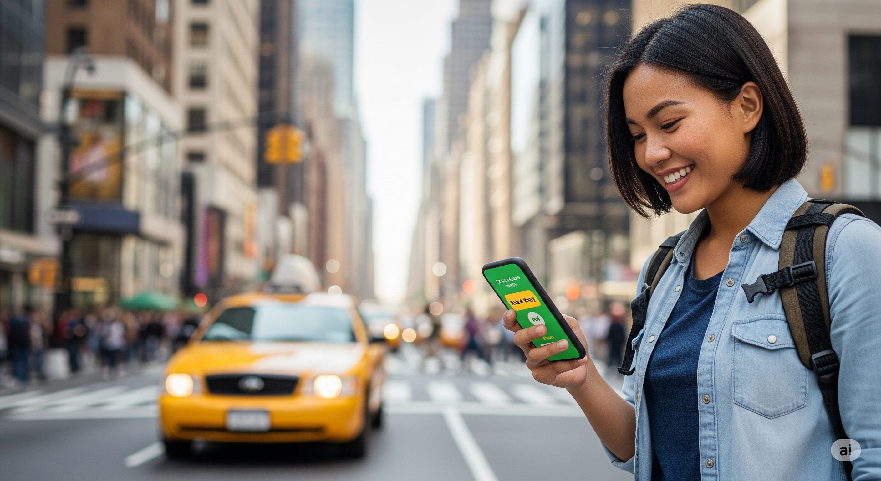 賑やかな街角でスマートフォンを見ながら微笑む女性。背景には黄色いタクシー。.