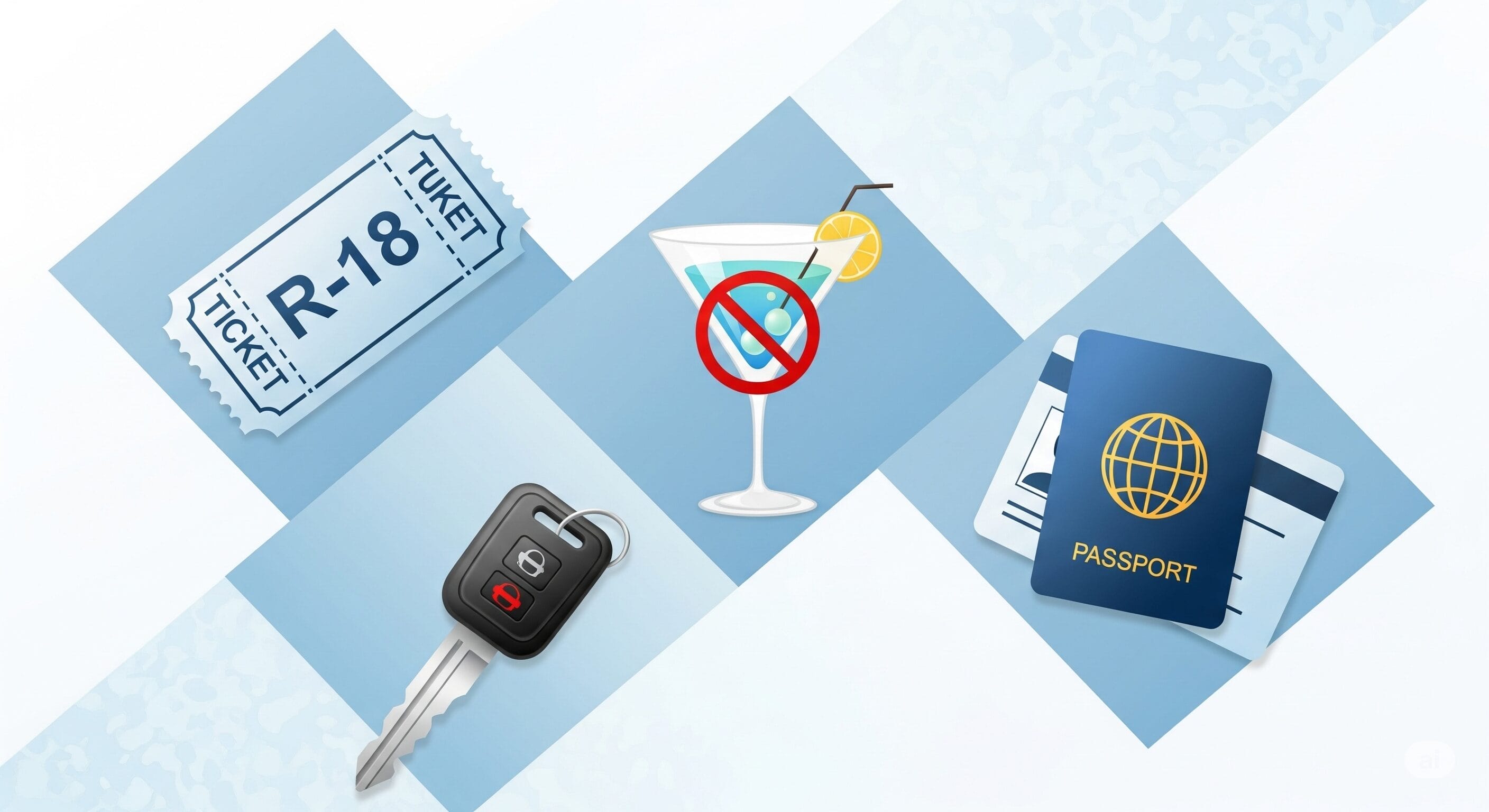R-18チケット、鍵、禁止されているカクテル、パスポートが描かれたイラストで、年齢制限、運転、禁酒、IDの必要性を表している。.