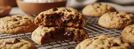 ワイヤーラックで冷やされるチョコレートチップクッキー、1枚は半分に割れて中の溶けたチョコレートが見える。.