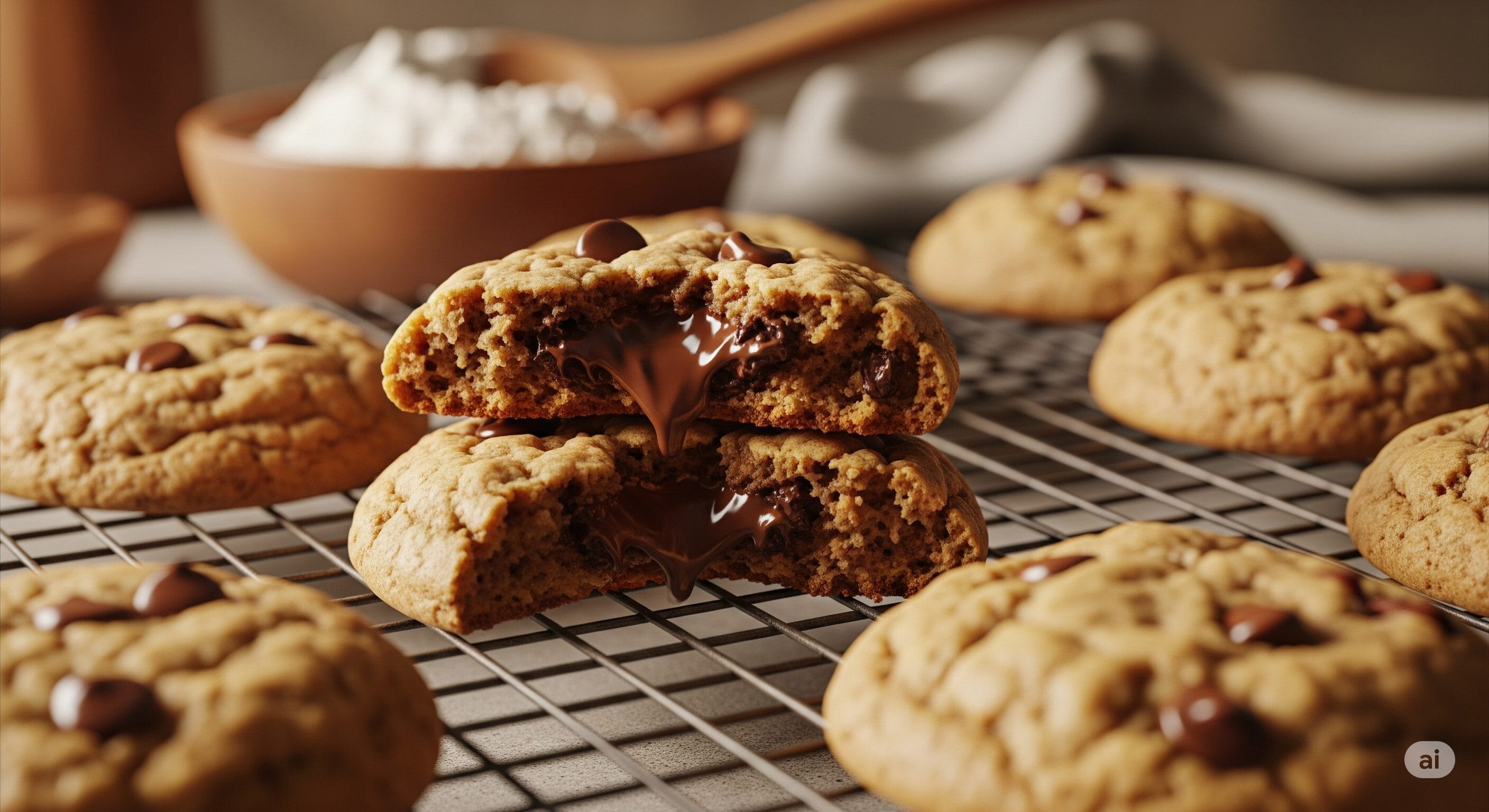 ワイヤーラックで冷やされるチョコレートチップクッキー、1枚は半分に割れて中の溶けたチョコレートが見える。. ワイヤーラックで冷やされるチョコレートチップクッキー、1枚は半分に割れて中の溶けたチョコレートが見える。.