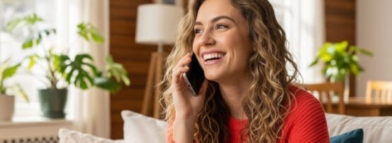 植物のある明るいリビングルームで、赤いセーターを着た巻き毛の女性がソファに座り、スマートフォンで話しながら微笑んでいる。.