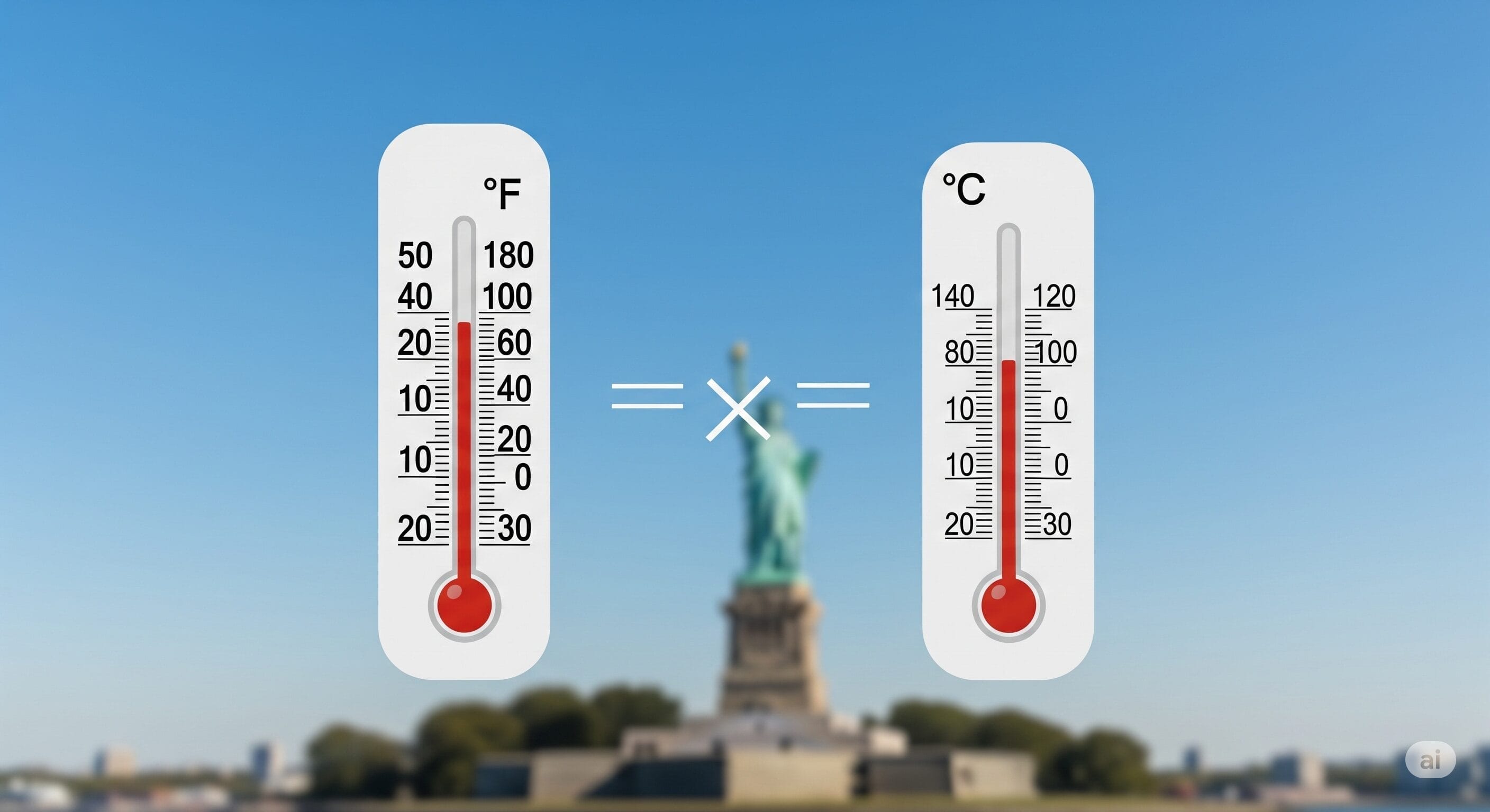 ぼやけた自由の女神を背景に、華氏温度計と摂氏温度計が等号で並んで表示されている。. ぼやけた自由の女神を背景に、華氏温度計と摂氏温度計が等号で並んで表示されている。.